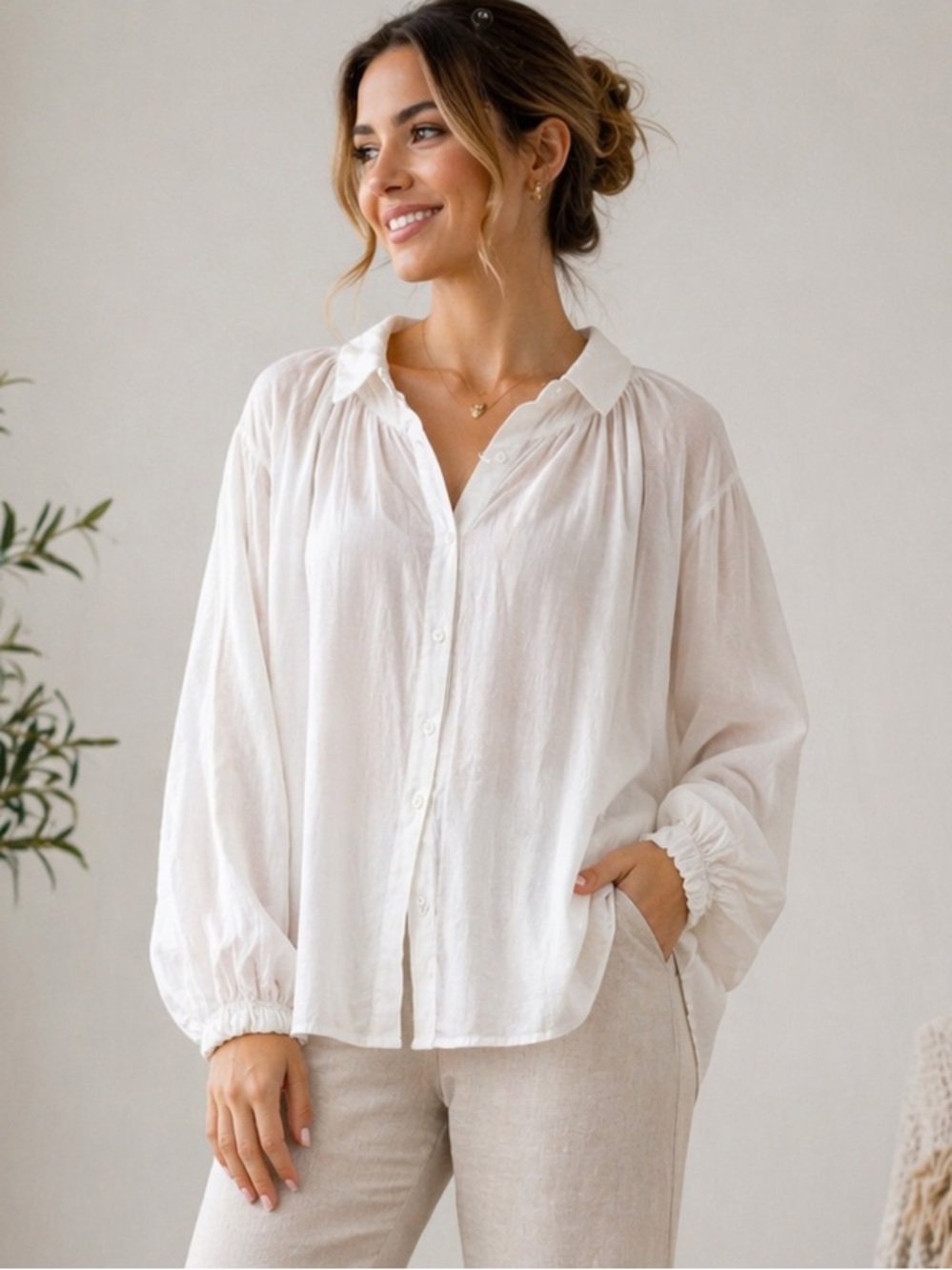 White Cotton Linen Blouse 2XL Relaxed Cottagecore BoHo Flowy Button Front Top